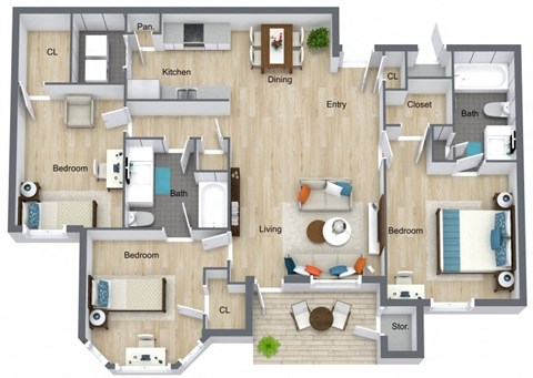 Floor plan for 3 beds, 2 baths, 1183 sqft